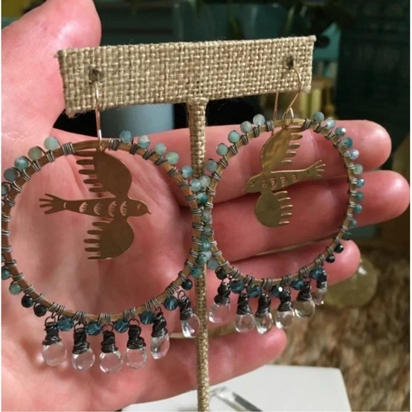 Hoop Earrings Aquamarine & Chrysocolla Brass Bird 🧿 🕊️ - Picture 3 of 8